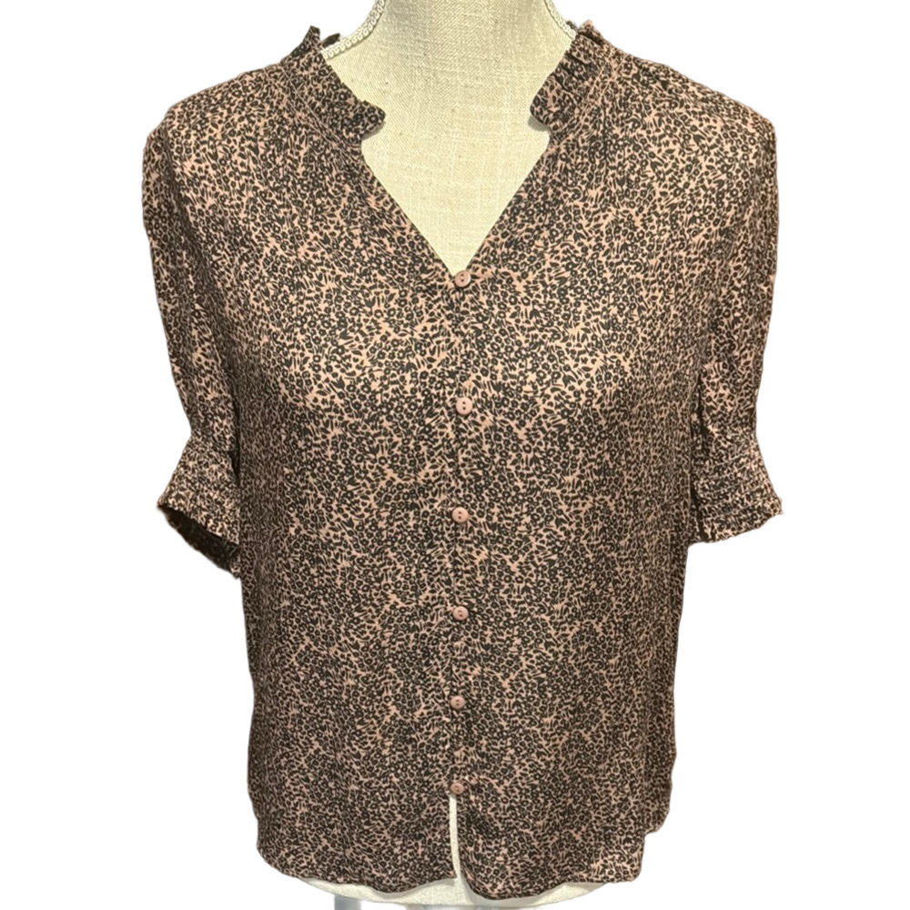 DR2 Brown and Black Ruffled Button-Down Blouse with Mandarin Collar NWT